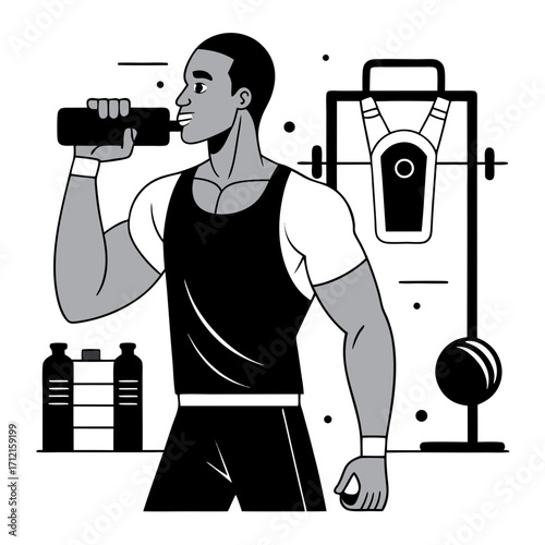 Fit man drinks water after workout in gym