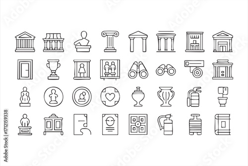 Collection of museum building and statue vector symbols for history graphics