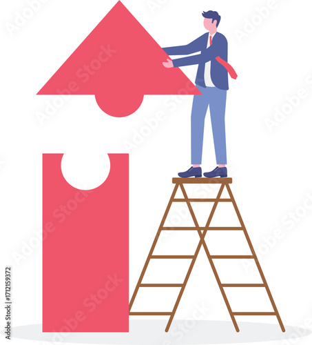 Two businesspeople connecting arrow puzzle pieces illustrating merger and acquisitions,
