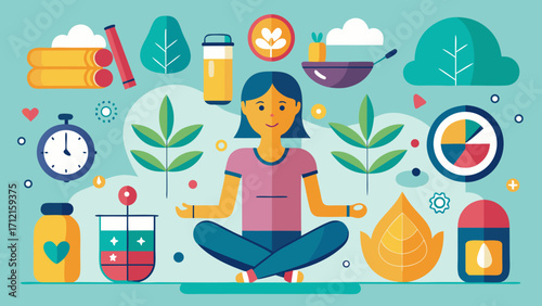 Woman meditating surrounded by healthy lifestyle and wellness icons
