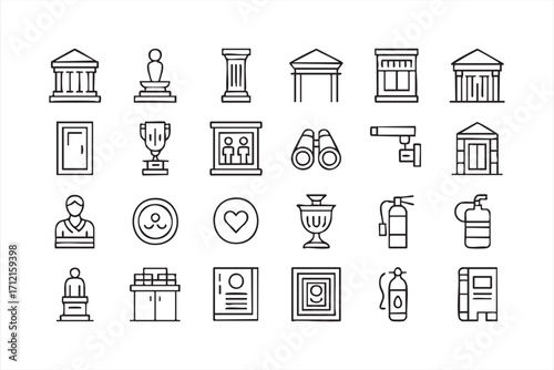 Museum vector icons set for history, culture, and exhibition design concepts