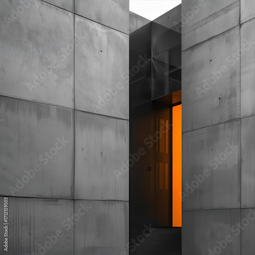 Contemporary Concrete Architecture with a Vibrant Orange Light Accentuating Modern Lines and Geometric Forms, Creating a Stark Visual Contrast