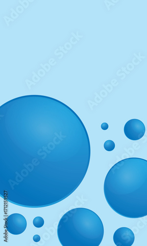 Abstract vertical background with various sized glossy blue spheres floating upward on a light blue field.