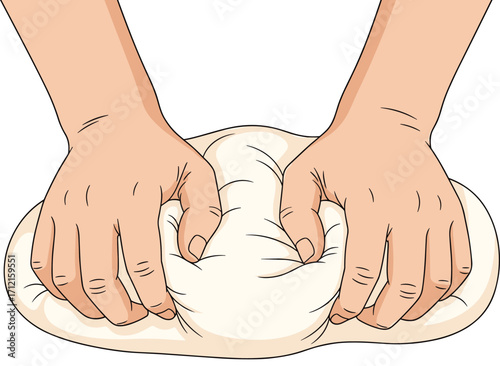 Hands kneading dough, bread preparation illustration, baking process, homemade food, bakery cooking, artisan bread making, kitchen culinary skill design