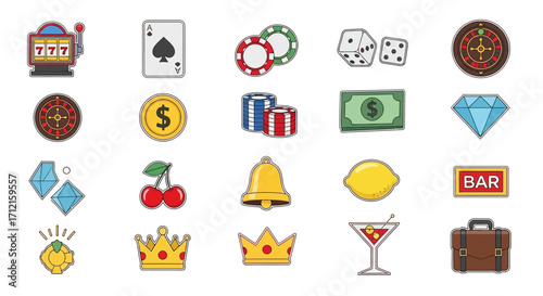 Colorful Casino and Gambling Vector Icon Set.