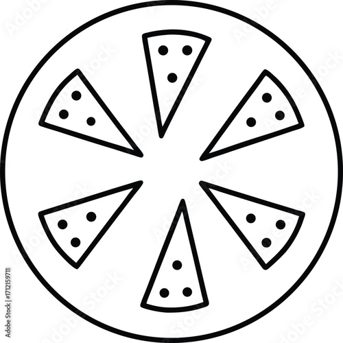 Minimalist line art illustration of six pizza slices arranged in a circle food italian