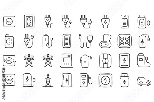 Energy and electricity outline icon set for renewable and power supply design