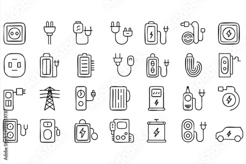 Plug, socket, and battery charging vector icons for electrical equipment graphics