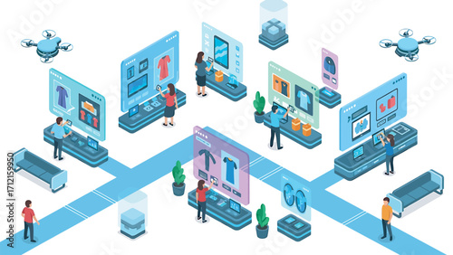 People interact with holographic displays in a futuristic retail store, showcasing advanced technology and a seamless shopping experience with drones delivering products, creating a modern atmosphere.