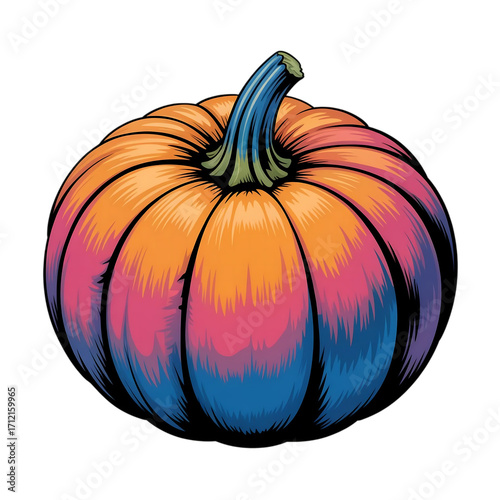 Vibrant gradient painted pumpkin with a textured ribbed surface and a curved stem isolated on transparent background