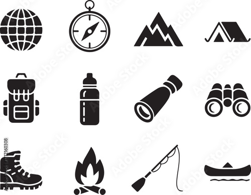 Explore adventure icons: travel, hike, camp, fish, journey