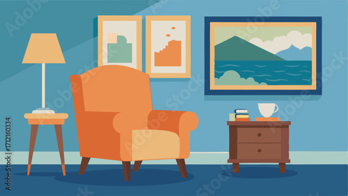 A cozy reading corner with a plush armchair a wooden side table and a vintage map of the coastline framed on the wall.