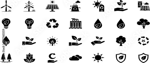 Comprehensive Energy and Ecology Glyph Icons Set - Renewable Power, Sustainable Solutions, and Environmental Vector Symbols