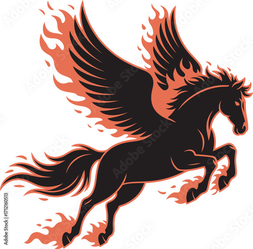 Black winged horse with orange flames in dynamic pose pegasus mythical creature 1