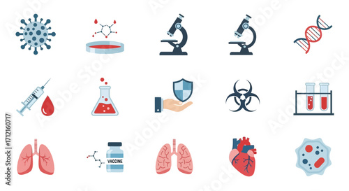 Medical and scientific research icons set for healthcare and biology.