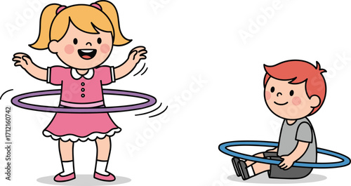 Happy kids playing hula hoop, girl and boy cartoon, children activity, fun game, exercise, healthy lifestyle, cute illustration vector