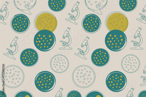 A seamless pattern featuring microscopes and petri dishes with various colored bacterial colonies