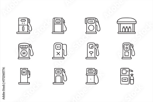 Vector collection of fuel pump and refueling symbols for transportation and industry themes