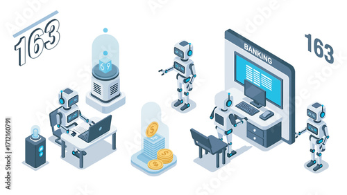 Robots are managing cryptocurrency transactions in futuristic office with advanced technology and digital assets, showcasing innovation and automation.