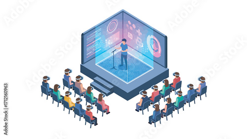 Speaker presenting data on stage to audience wearing VR headsets in futuristic conference hall, creating immersive experience.