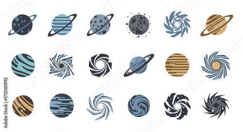 Collection of stylized planets and celestial bodies with swirling patterns.