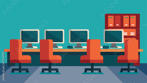 A row of computers and workstations indicating the space can also be used as a community computer lab.