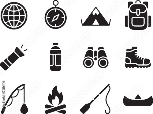 Adventure icons pack: Explore, hike, camp, travel, fish, paddle