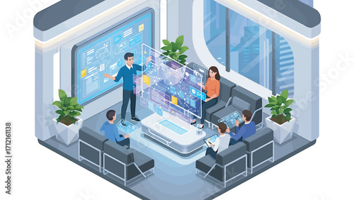 Business team collaborating on holographic display in modern office, discussing data and strategy with futuristic technology for innovative solutions.