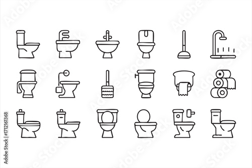 Toilet and hygiene equipment vector pack including plunger, sink and cleaning supply icons