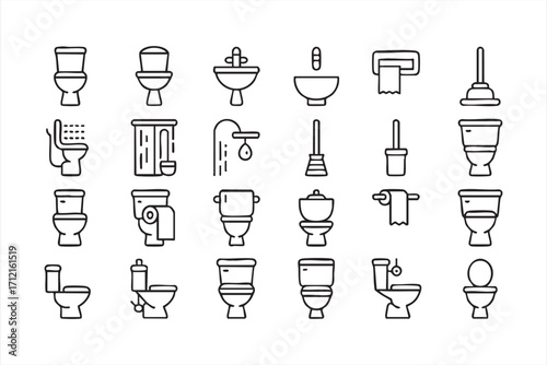 Outline restroom and hygiene icons collection including toilet, wash basin and plumbing tools