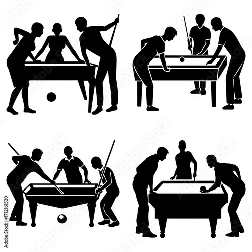 Silhouettes of people playing pool at various tables with cues and balls in a monochrome illustration