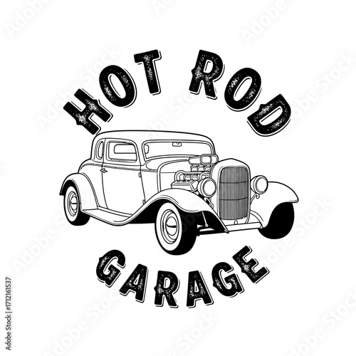 A black and white illustration of a classic hot rod car with the words "HOT ROD GARAGE" curved above and below it.