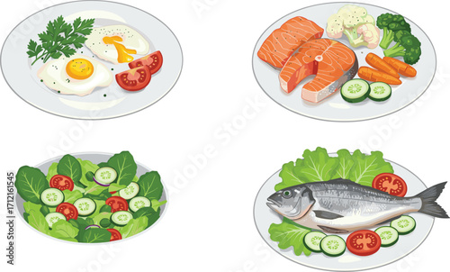 Healthy food illustration with fish, salmon, eggs, vegetables, and fresh salad on plates, organic nutrition, balanced diet, cooking concept
