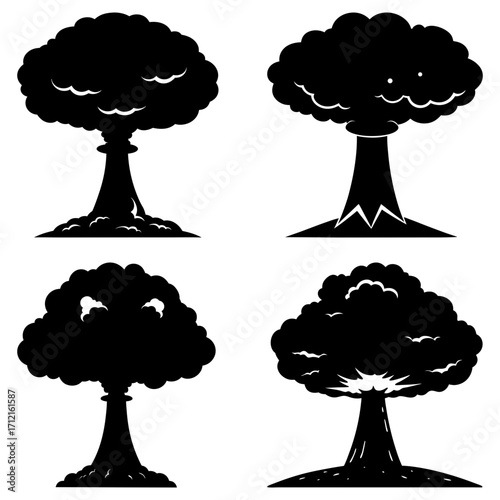 Four black and white mushroom cloud silhouettes representing nuclear explosions and atomic warfare imagery