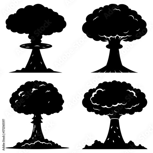 Four black and white illustrations of mushroom clouds depicting nuclear explosions on a white background