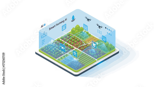 Smart farm uses ai and drones to monitor crops in a modern agricultural setting, showcasing technological advancements and sustainable farming practices.