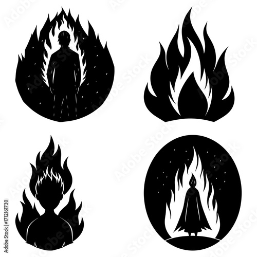 Four black and white illustrations depicting figures engulfed in flames and fire elements designs art