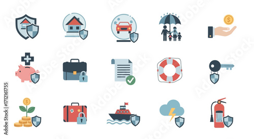 Insurance Icons - Protection and Security for Various Assets.