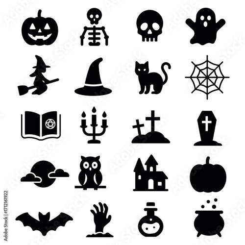 An illustration depicting a set of black icons of the attributes of the scary holiday of Halloween, on a white background.
