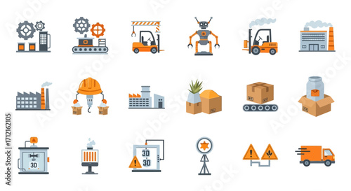 Industry icons - factory, logistics, manufacturing, automation, delivery.