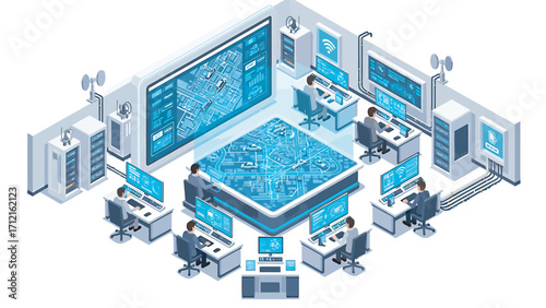 Team of data scientists analyzing complex algorithms and network security in a modern server room with multiple screens showing realtime data streams, creating a sense of innovation and security.