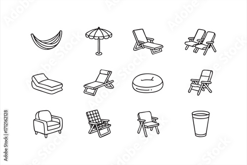 Outdoor furniture and relaxation vector icons set with hammock, umbrella and lounge chairs