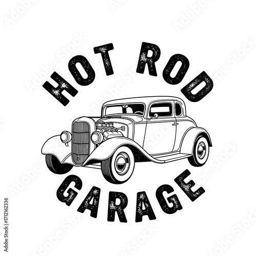 A black and white vintage logo for a hot rod garage featuring a classic American custom coupe illustration.