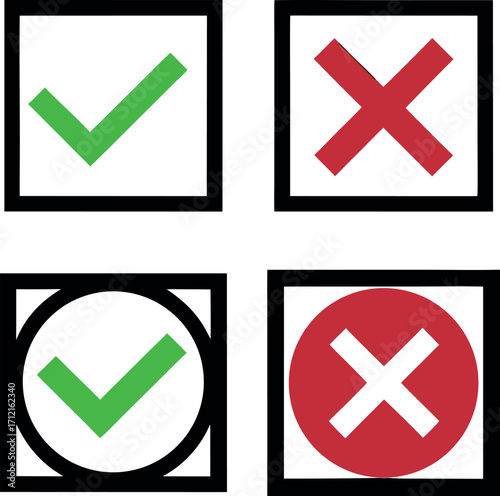 Check Mark and Cross Icon Set – Green Tick and Red X Symbol Vector