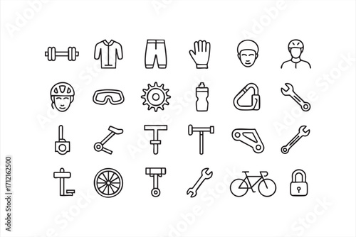Vector illustration of cycling equipment and spare parts icons for training and riding use