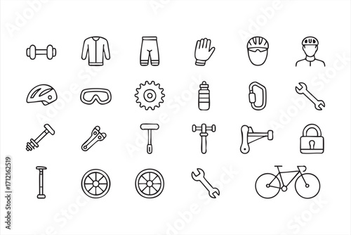 Bicycle and cycling gear line icons set with helmet, jersey and protective gear symbols