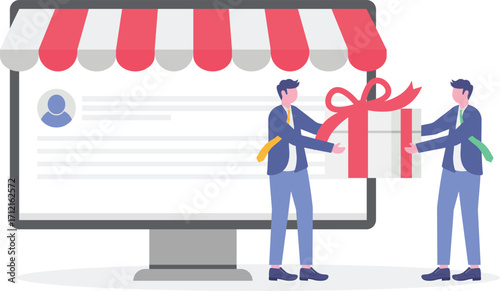 Online reward concept. Young man getting bonuses and receiving gift boxes.

