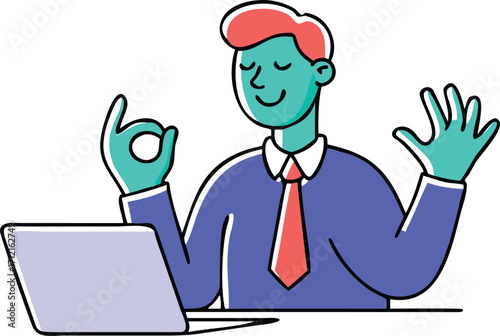 Man in blue suit meditating at laptop with okay hand gesture red tie