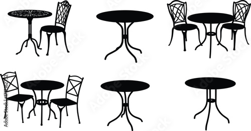Black metal patio tables and chairs silhouette, outdoor garden furniture set, wrought iron dining set illustration, decorative vintage furniture design