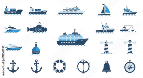 Collection of various maritime vessels and nautical elements in a flat design.